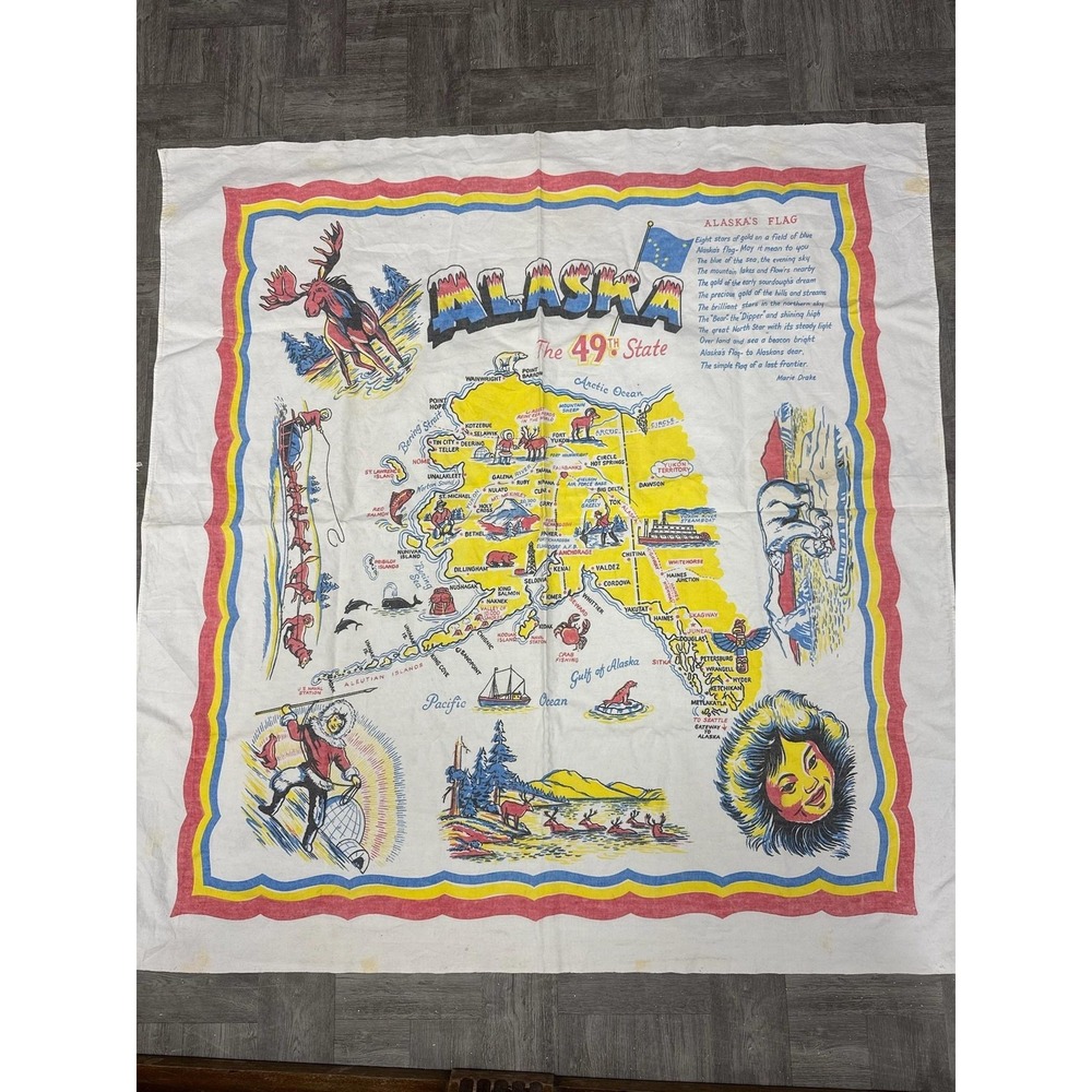 Vintage Alaska 49th State Map Souvenir Tablecloth Large Linen Wall Art Decor